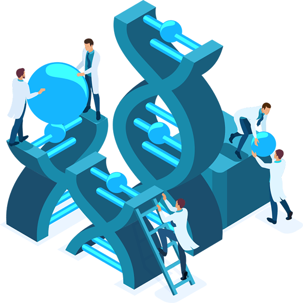 Continuous DevOps Evolution - illustration of scientists and engineers working on the evolution of DNA, representing Influentials approach to our ever-evolving DevOps