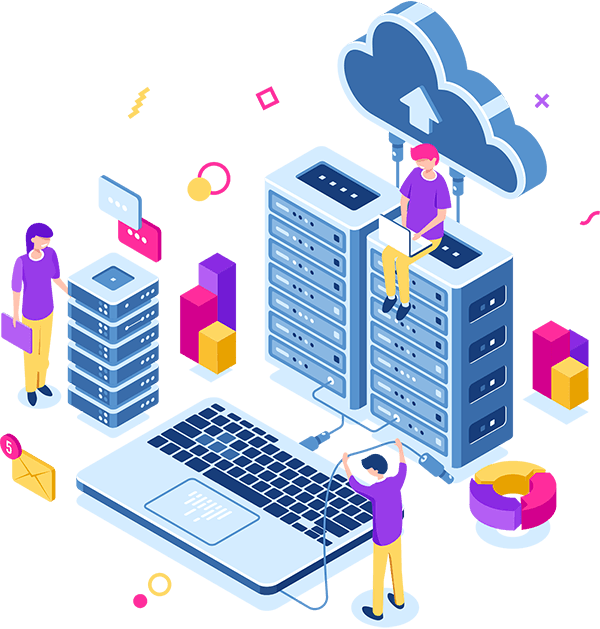 Digital integration solutions by Influential Software - illustration representing cloud and servers connecting to end-user devices