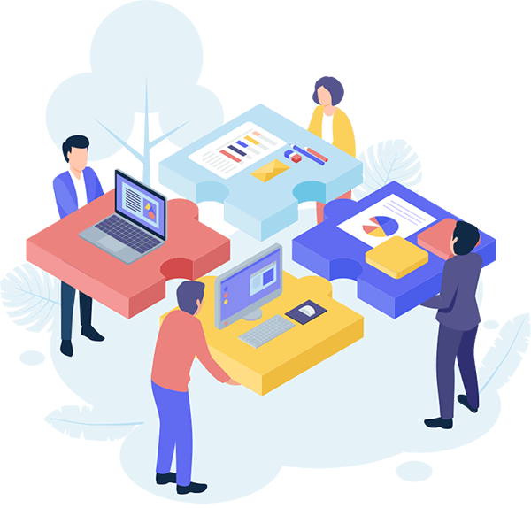 IT services partners Influential Software - illustration showing team putting IT parts together in a four-piece jigsaw. Perfect, simple, IT services.