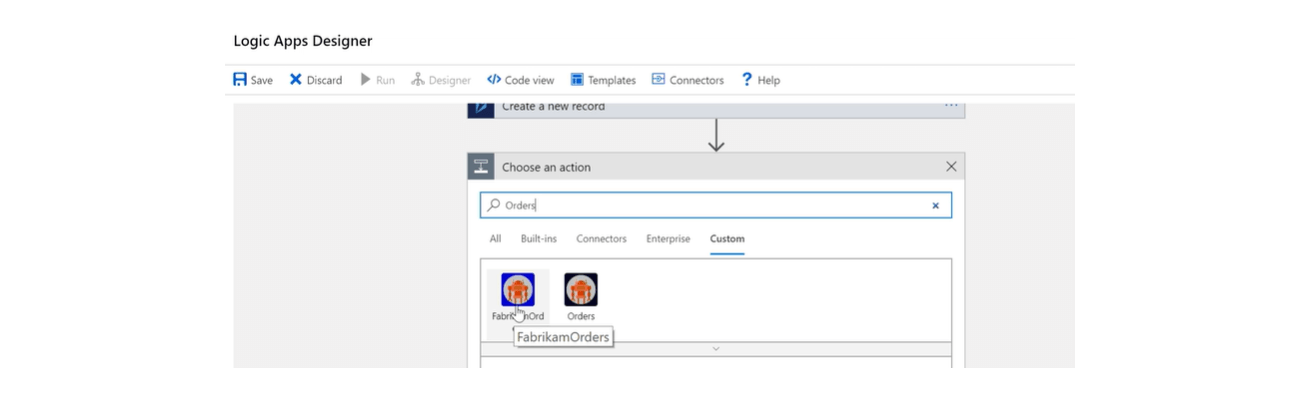 Selecting an Azure custom connector