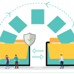 A graphic showing files moving from one location to another representing migration to the cloud