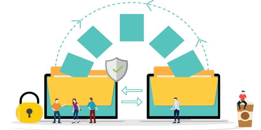 A graphic showing files moving from one location to another representing migration to the cloud