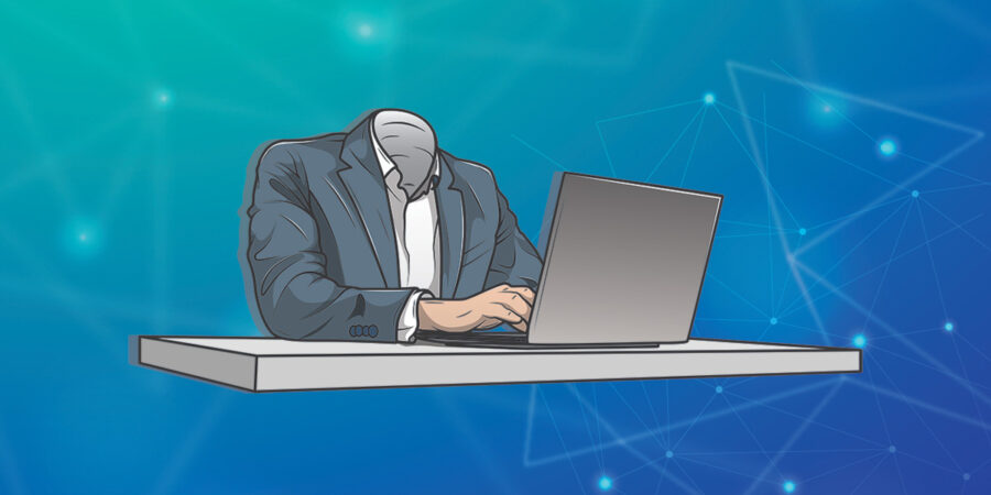 Headless man at desk representing headless CMS advantages for business websites