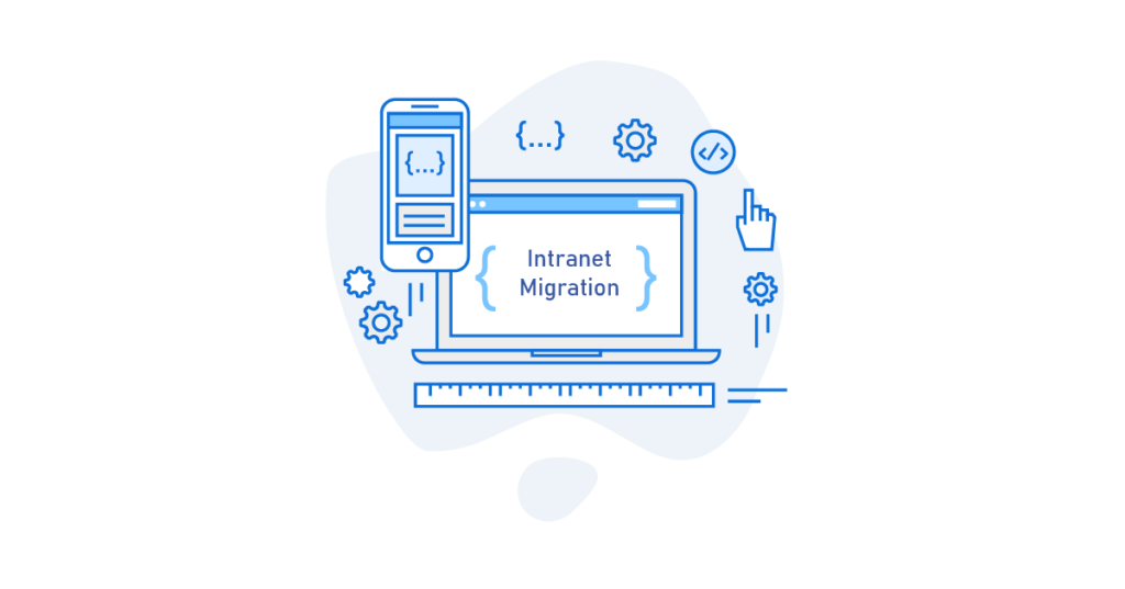 A graphic of a computer that says intranet migration