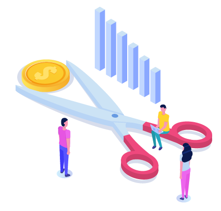 A graphic of money and scissors, representing how our cms solutions cut costs