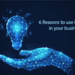 A graphic showing a pixelated hand holding lightbulb representing bi solutions, one of the reasons to use Power BI