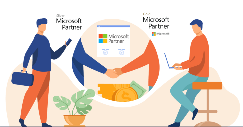 Image of two men shaking hands over money. Representing Microsoft partner benefits