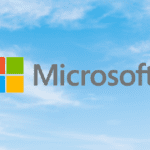 Microsoft logo in front of a blue sky background.