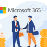 A graphic of two men shaking hands surrounded by money and the microsoft 365 logo, representing the new microsoft price increase