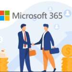 A graphic of two men shaking hands surrounded by money and the microsoft 365 logo, representing the new microsoft price increase