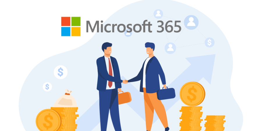 A graphic of two men shaking hands surrounded by money and the microsoft 365 logo, representing the new microsoft price increase