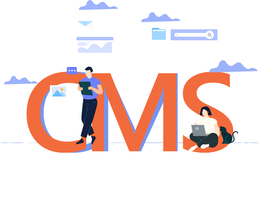 a graphic showing people putting together a computer to represent our cms development solutions
