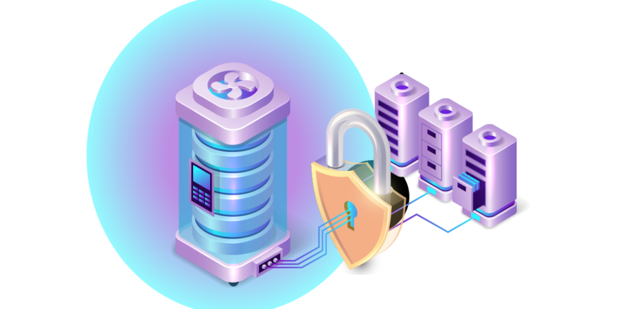 An graphic of several internet servers with a lock over them. Representing DDoS attack prevention