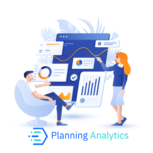 graphic of two people analysing data, representing IBM planning analytics
