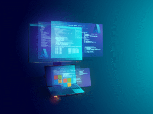 Microsoft New Commerce Experience Overview A futuristic image of a laptop with MS products. Representing the new commerce experience overview