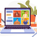 Graphic showing people in a teams call, representing Microsoft 365 for business solutions.