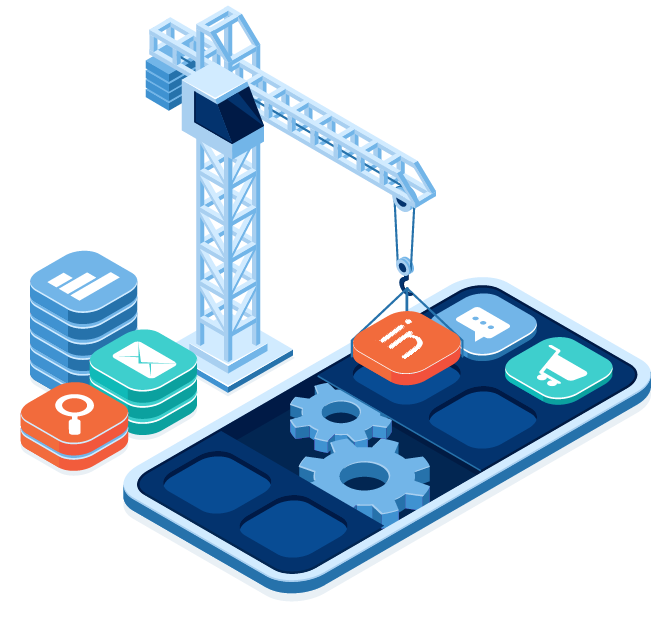 A graphic of a mini crane working on a app, representing application assurance and managed support