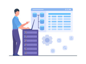 Illustration of man standing with laptop on server and a database graphic next to him.