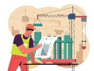 Illustration of a construction workers looking at architecture plans against a backdrop of a construction site.