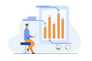 Illustration of a man on a chair with a laptop and an oversized infographic chart graphic next to him.