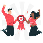Illustration of 2 people jumping in the air with a medal between them.