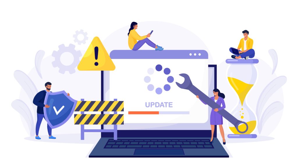 Small IT specialists updating software, programs and applications. Surrouding a laptop screen with an update loading bar.