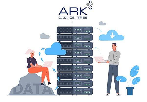 Illustration of a server with clouds circling it. Two workers next to it on their laptops to represent Ark Data Centres