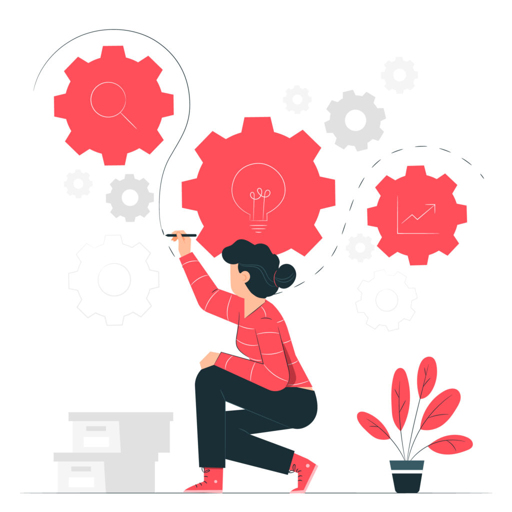 Illustration of a woman drawing a line between cogs to demonstrate the process of working