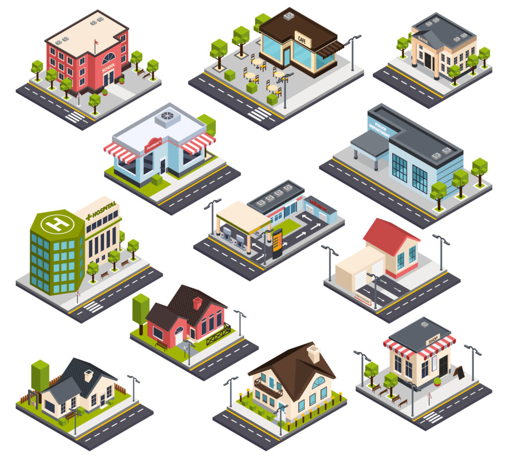 Isometric city buildings with road elements, set with residential houses, hospital, bank, school, police isolated vector illustration
