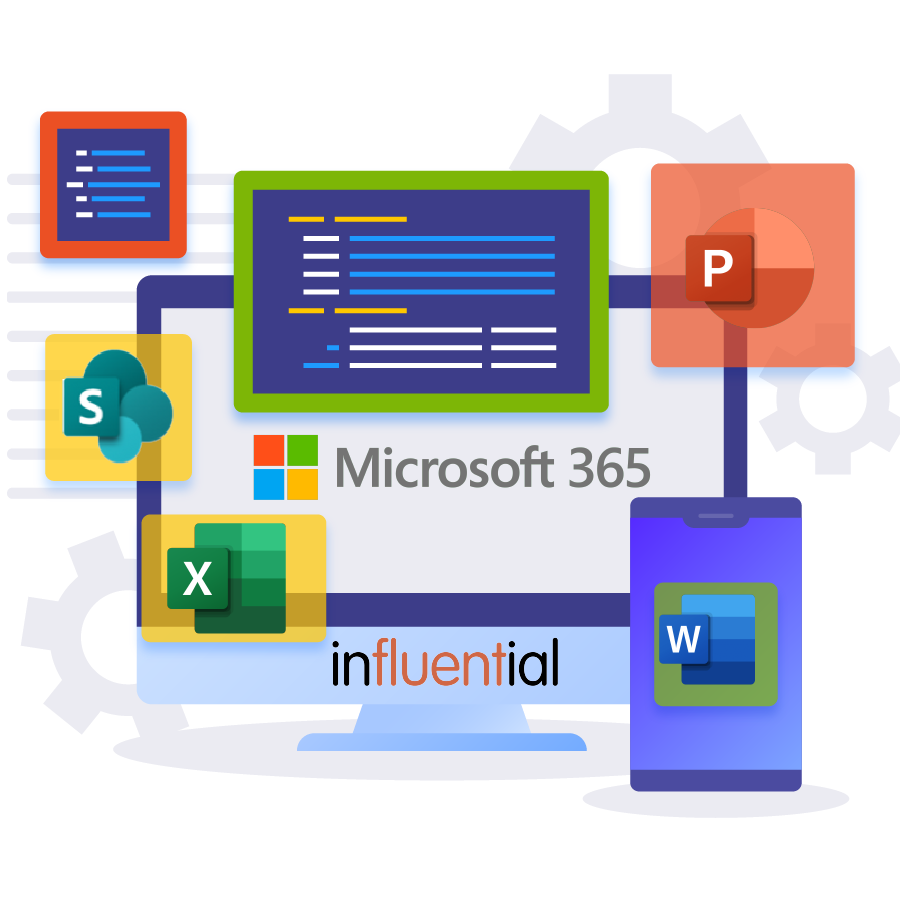 A graphic of a laptop with microsoft products listed. Showing microsoft 365 services and solutions