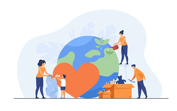 Cartoon people giving humanitarian help and aid to represent Compassion UK