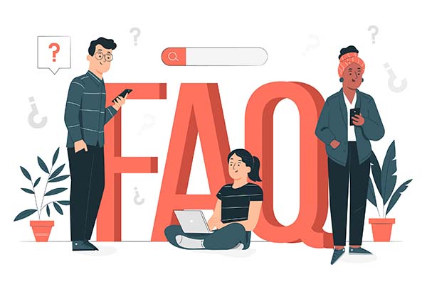 Illustration of people on their devices searching for questions standing next to a big FAQ.