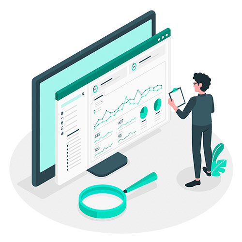 Illustration of a man in front of a stat report screen to represent IBM Cognos Analytics