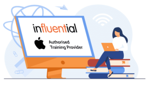 Illustration of a woman sitting on oversized books in front of a monitor to represent Apple training