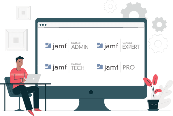 Illustration of a man with a laptop and Jamf training logos on a large monitor