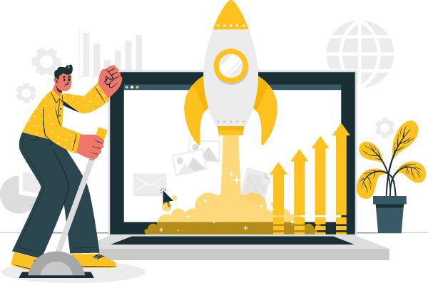 Illustration of a man pulling a lever with a rocket ship taking off on an oversized laptop to represent startup IT support