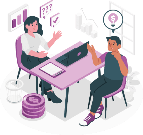 Graphic of a client speaking to a consultant over a desk with a laptop on it with graph graphics floating around. Representing software consultancy