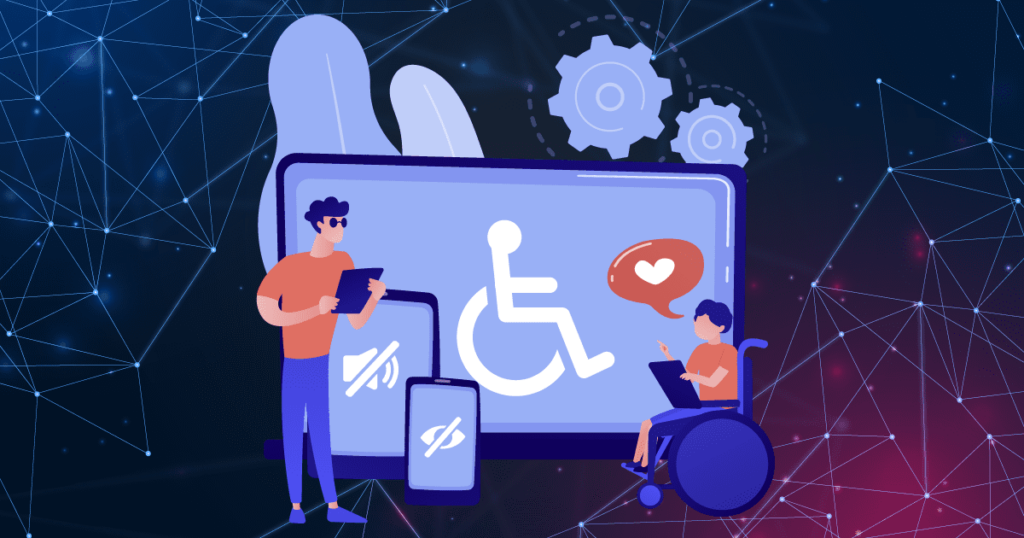 A graphic of a disabled child using a computer. Representing accessible technology.