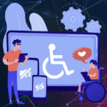 A graphic of a disabled child using a computer. Representing accessible technology.