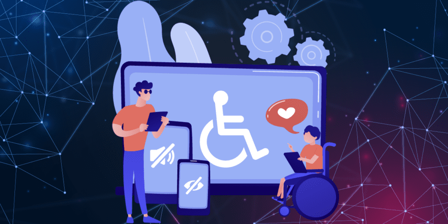 A graphic of a disabled child using a computer. Representing accessible technology.