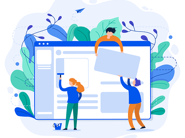 Illustration of people putting together a website to represent CMS selection