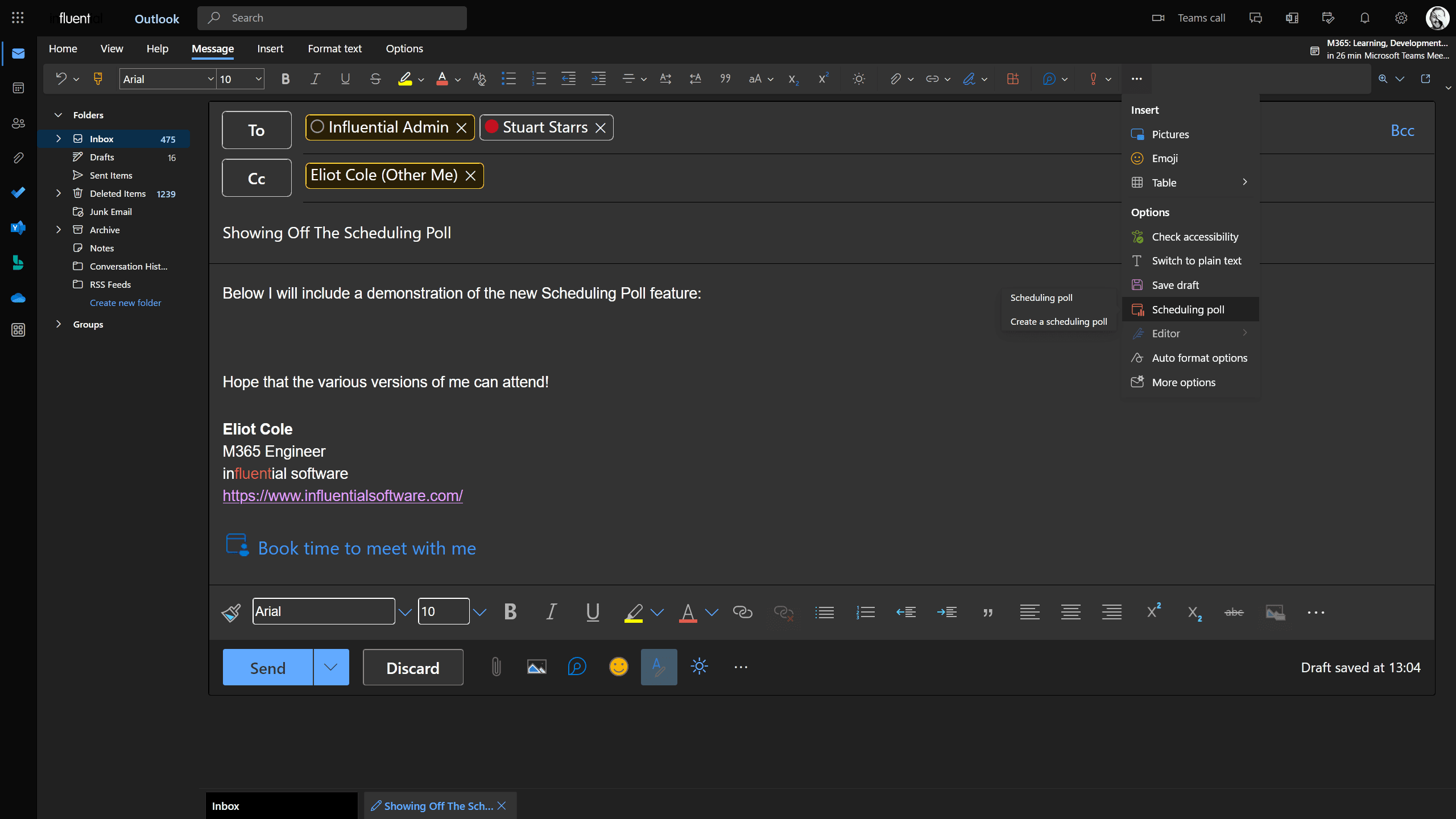 An image from Outlook Online where the user has made an email with recipients in both fields and taps the 'Scheduling poll' option.