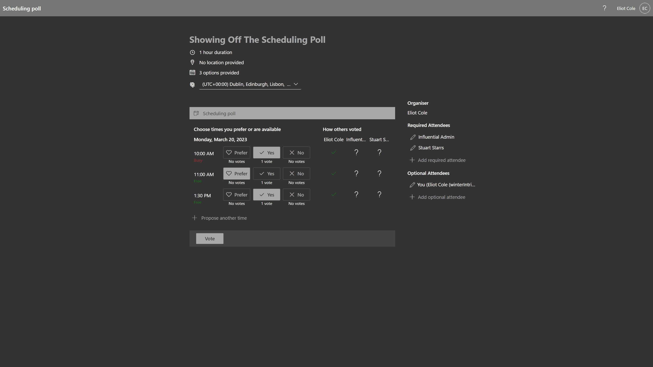An image showing the email that the creator receives that shows what the consensus meeting times produced. This details the Time Zone, the Date and Time, and Duration.