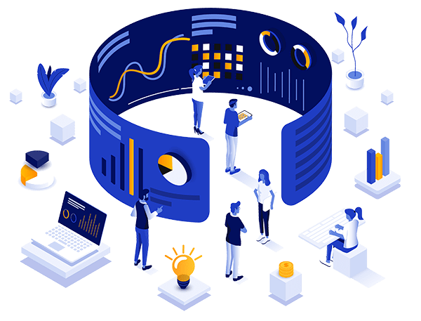 Illustration of data and technology holographic dashboard to represent customer portal solutions