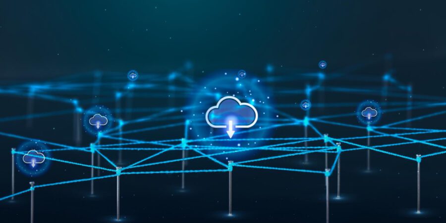 Holographic cloud node connecting other nodes to represent SharePoint migration planning