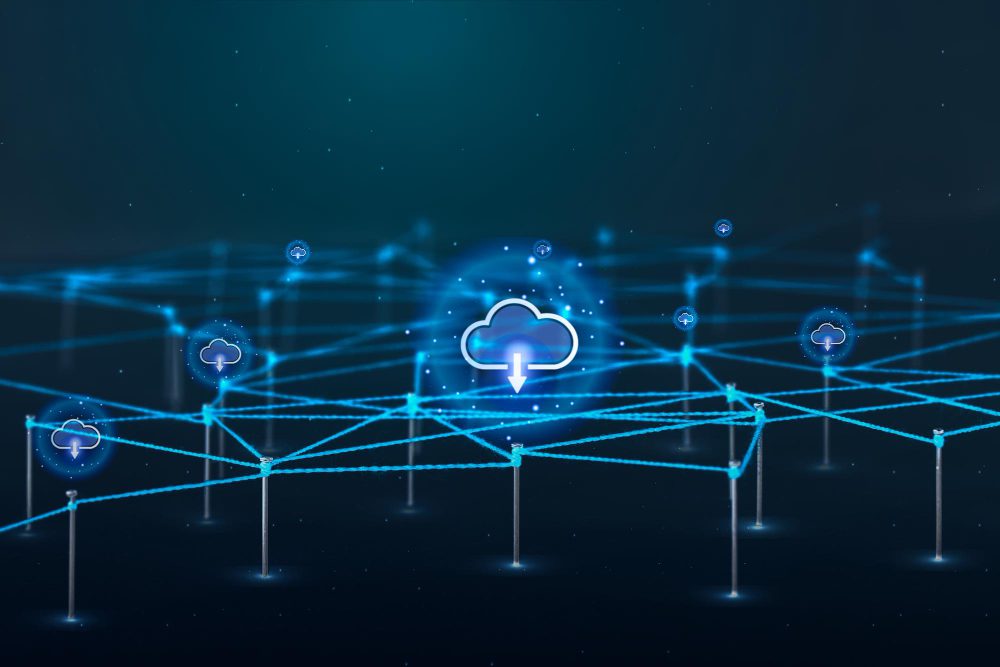 Holographic cloud node connecting other nodes to represent SharePoint migration planning