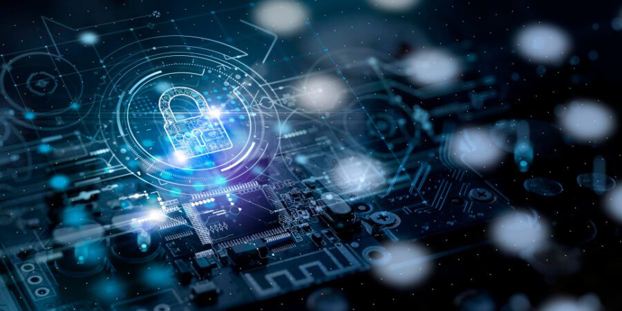 Graphic illustrations of an electronic board with holographic lines and a padlock to represent Power BI security best practices