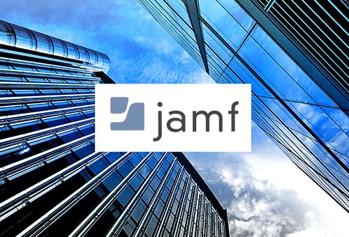 Jamf logo on financial buildings representing companies using Jamf