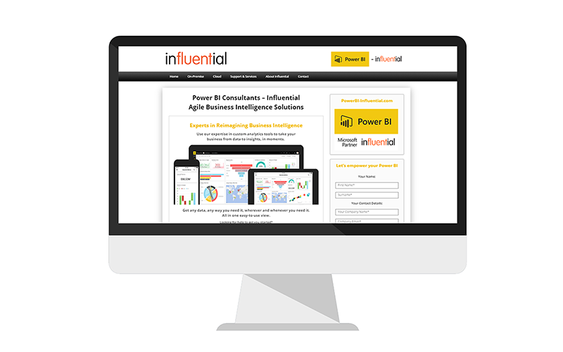 Power BI Influential | Power BI Services Website - Business Intelligence Consultancy, Services and Support - Site screenshot on monitor