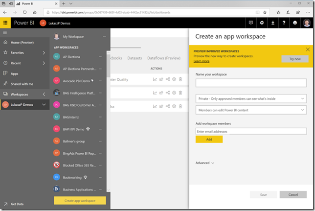 Updates to Power BI features - workspace